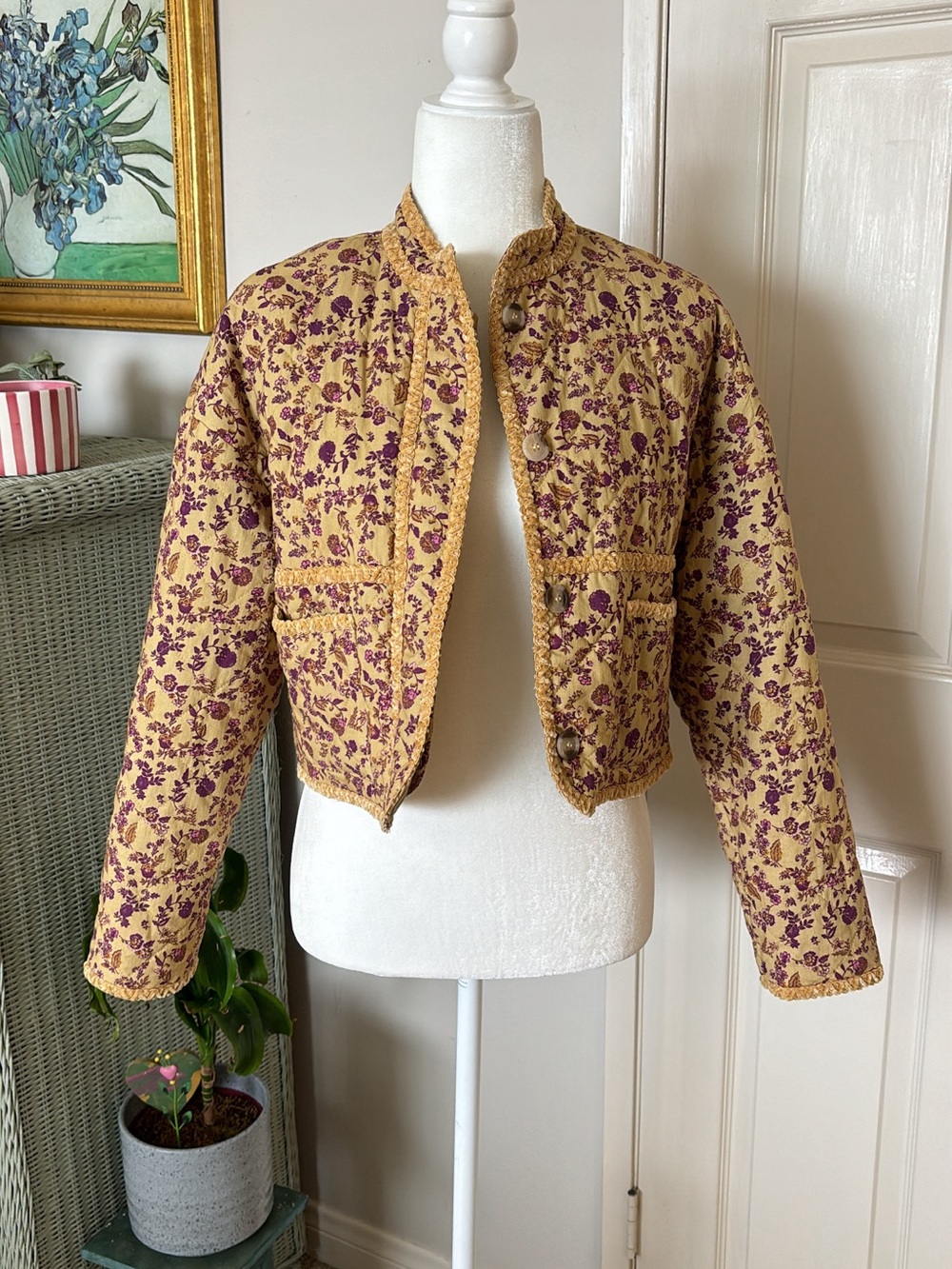 7 For All Mankind Quilted Floral Cropped Jacket - Mustard & Purple